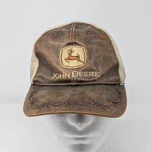 John Deere Hat Oil Skin Look Brown/Tan Adjustable Trucker Cap Hat Barbed Wire